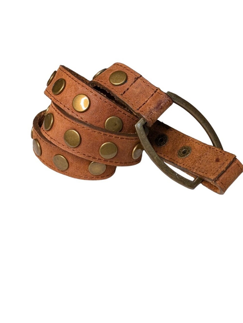 Vintage Brown Leather Studded Belt Western Boho Brass Rivets skinny Y2K Distress